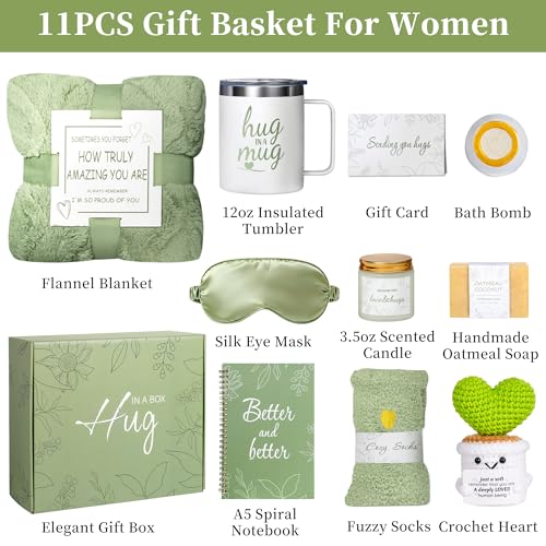 Self Care Package - Get Well Soon Gift Basket for Women & After Surgery Recovery, 11pc Sympathy Feel Better Gift Set with Flannel Blanket & Mug for Mom, Teacher, Wife, Sister, Friend (Green) - color: Green