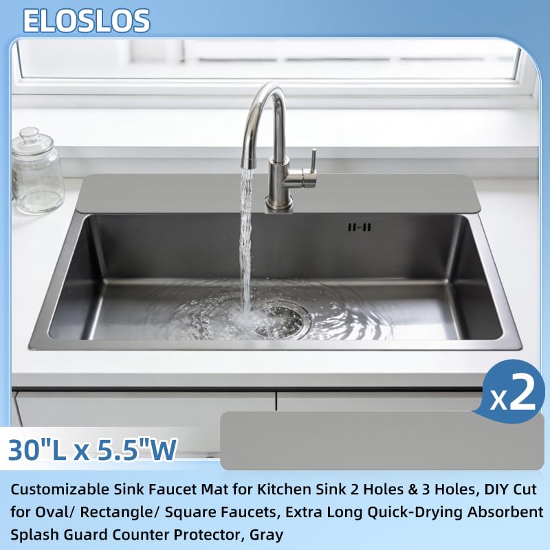 2Pcs 30" L x 5.5" W Customizable Sink Faucet Mat for Kitchen Sink 2 Holes & 3 Holes, DIY Cut for Oval/Rectangle/Square Faucets, Extra Long Quick-Drying Absorbent Splash Guard Counter Protector, Gray - style: 2 Pcs Gray