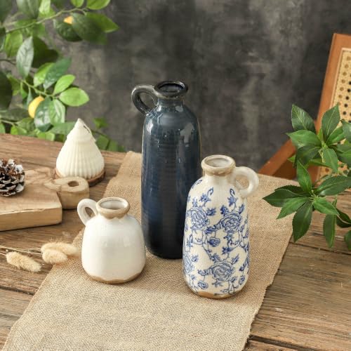 Ceramic Vase Set of 3 with Handle, Vintage Rustic Vases Home Decor Farmhouse Decorative Vase Pottery Decor Modern for Table Mantel Entryway Bookshelf Living Room Kitchen Bedroom - Blue - color: 010 Vase Set - Vintage Blue