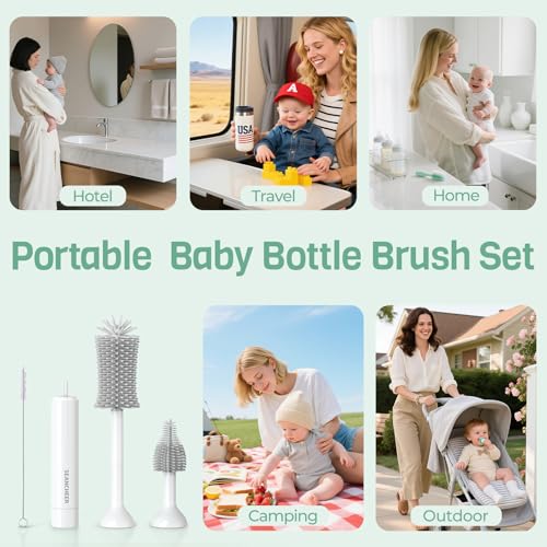 SEANCHEER S02 Electric Bottle Brush Set, Portable Baby Bottle Brush Cleaner, AA Battery-Powered & IPX7 Waterproof, with Silicone Bottle/Nipple/Sponge/Straw Brush, for New Parents (Extra-Long) - color: Extra Long Gray