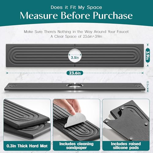 Faucet Splash Guard for Kitchen Sink, Kitchen Sink Faucet Mat with Raised Feet, Durable Drying Matt Kitchen Counter Stone, Water Absorbent Diatomite Drying Mat (Dark Grey, 23.6" x 3.9") - color: Dark Gray, size: 23.6" x 3.9"