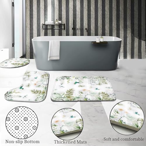 DDQQ 4Pcs Spring Shower Curtain Set Dragonfly Butterflies Bathroom Sets with Rugs, Green Leaf Flower Bathroom Shower Curtain Set with Carpet Bath Mat Toilet Rugs - color: Light Green