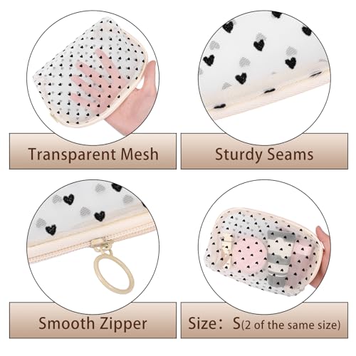 6 Pieces Zipper Mesh Makeup Bags Set, Nylon Cosmetic Bags Portable Clear Toiletry Bas Travel Organizer Bags for Office Travelling Organization (Beige Heart Printed, Assorted Size) - color: Beige Heart Printed