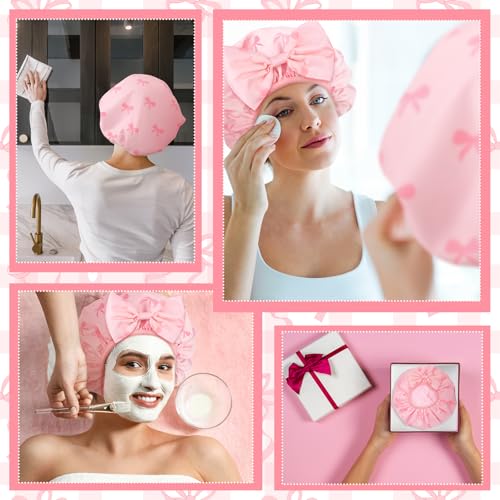 ramede Large Satin Lined Shower Cap for Women Reusable Waterproof Double Layer Bath Cap with Cute Pink Bow Large Washable Bath Caps with Soft Elastic Band Protect Long Hair Braids Locs - style: Pink Bow