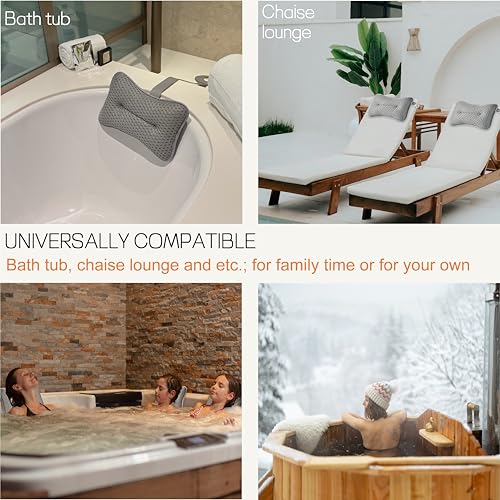 Large Pillow for Hot Tub (Grey), Spa, and Chaise Lounge - Universal Headrest & Neck Support Cushion, Adjustable Height with Long Strap, Easy Drying with Hook (1-Pack)