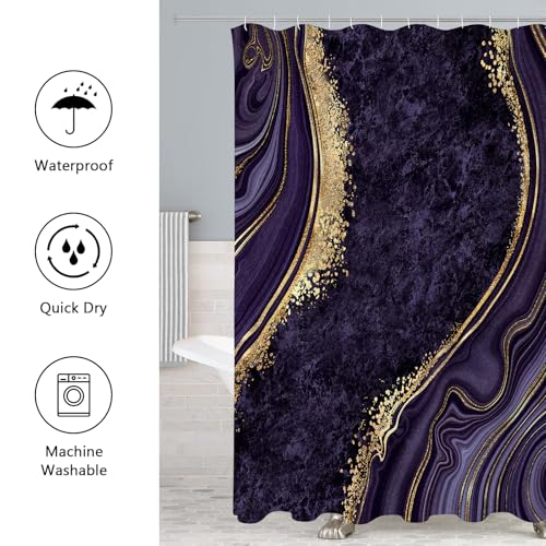 Gibelle 4 Pcs Luxury Marble Shower Curtain Set with Non-Slip Rugs, Toilet Lid Cover and Bath Mat, Gold Foil Purple Bathroom Decor Set with Shower Curtain and Rugs and Accessories - color: Purple