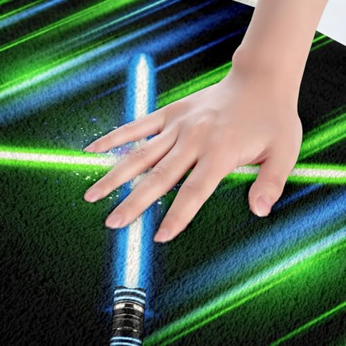 Geometric Light Up Sword Non Slip Bath Mat Kids Girls Boys Neon Blue Green Light Stripes Bathroom Rug Teens Modern Fashion Games Shaggy Absorbent Floor Mat 3D Black Bath Indoor Doormat Decor,20"x32" - color: Lightsaber 03, size: 20" x 32"