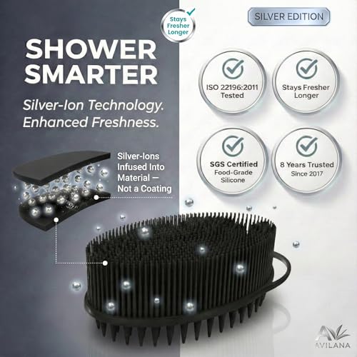 Avilana Silicone Body Scrubber for Shower – SGS Certified Food Grade Dual Sided Bath Brush, Gentle Exfoliating Silicone Loofah Alternative, Sensitive Skin Body Brush (Black-Silver, Scalp) - color: Black-silver, size: Scalp