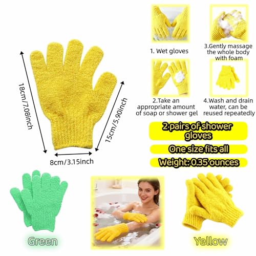 4-Pack SpaGlow Exfoliating Bath Gloves - Body & Face Scrub for Smooth Skin, Prevent Acne, Unclog Pores. Deep Cleansing and Massage Spa Gift Set for Women/Men, Yellow and green