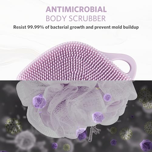 Sndyi Silicone Body Scrubber, Gentle Exfoliating Body Scrubber for Sensitive Skin, Leaf Shaped Shower Scrubber for Body with Lathering Bristles, Silicone Loofah Body Brush for Showering, Purple - color: Purple