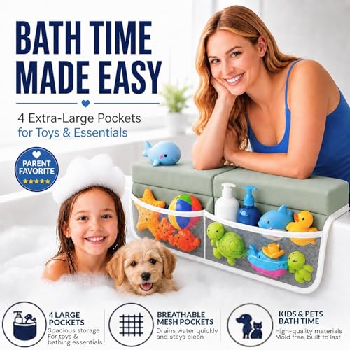 Comfortable Baby Bath Kneeler and Elbow Rest Pad Set, Non-Slip Bathtub Kneeling Pad for Bathing Baby, Bath Tub Cushion Mat, Elbow Pads, Toy Organizer Storage Pockets, Strong Suction Cups (Green Gray) - color: Green Gray