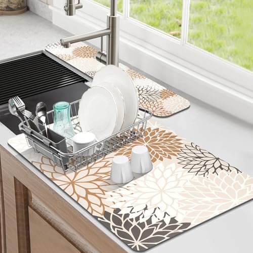 Findosom 2PCS 12" x 20" Dish Drying Mat & 24" x 5.5" Sink Splash Guard, Super Absorbent & Cuttable Dish Mat Drying Kitchen Mat with Brown Floral, Hide Stain Drying Mat for Kitchen Counter - color: Brown, size: 12" X 20" + 24" X 5.5"