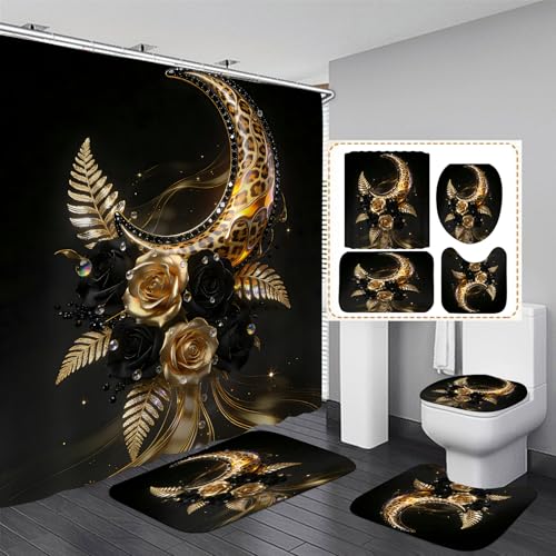 4 Piece Black and Gold Bathroom Set with Shower Curtain and Rugs, Luxury Leopard Moon & Rose Gothic Aesthetics Decor, Waterproof Fabric Curtain, Non-Slip Bath Mat & Toilet Lid Cover - color: Black Gold Moon