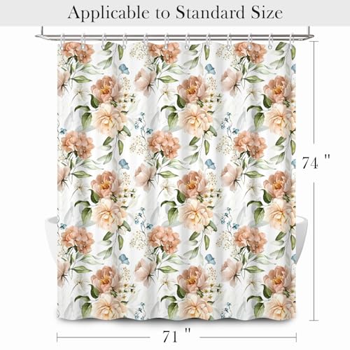Vintage Floral Shower Curtain 74 Inches Long - Peach Rose & Sage Green Botanical Shower Curtain with Rustproof Hooks, Waterproof Fabric Bath Curtain for Modern Farmhouse Bathroom Decor - color: Floral-k