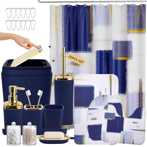 XLHOMO Bathroom Accessories Set - 25PC Bathroom Set with Shower Curtain and Rugs, Blue Bathroom Set, Bathroom Accessory Set with Press-on Lid Trash Can, Soap Dispenser and Qtip Holders - color: Blue & Gold, size: Plaid Complete Set + Bath Rugs