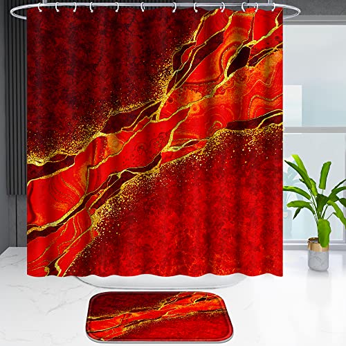 Poedist 4 Pcs Gold Edge Marble Bathroom Shower Curtain Set, Bathroom Sets with Shower Curtain and Rugs(Bath Mat,U Shape and Toilet Lid Cover Mat) and 12 Hooks-Red - color: Red Yellow