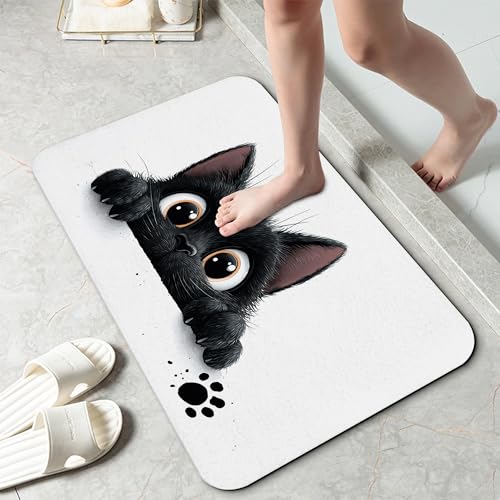 Cute Black Cat Bathroom Rug 29.5"x17", Super Absorbent Fast Drying Bath Mat with Non-Slip Rubber Backing, Thin Low-Profile Easy-Clean Bathroom Floor Mat for Shower or Tub - color: Cute Black Cat
