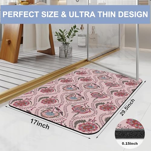 Bathroom Rug, Pink Indian Paisley Floral Bath Mat for Tub Non Slip, Soft Absorbent Easy Clean Quick Dry Bathroom Mat for Tub Shower Home Decor 17x29 inch