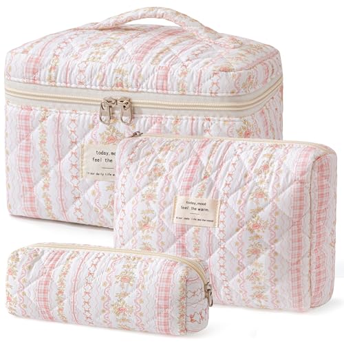 HBselect Quilted Makeup Bag, 3PCS Cotton Large Travel Makeup Bag, Cute Floral Coquette Make up Bag Cosmetic Bag Toiletry Bag for Women Girls - color: A-3PCS-Floral 25