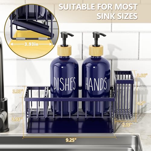 Cisily Navy Blue Kitchen Dish Soap Dispenser, 16 fl Oz Dual Kitchen Soap Dispensers with Sponge Holder, Customized Stainless Steel Kitchen Soap Dispenser Set, Modern Hand and Dish Soap Bottle Set - color: Navy Blue Sponge Holder + Navy Blue Bottle