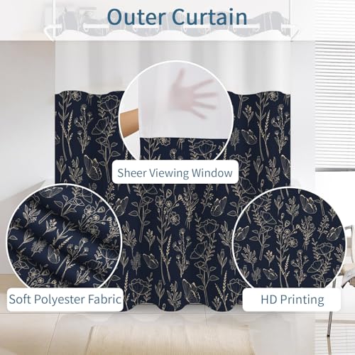 No Hook Shower Curtain with Snap in Liner Set, Dark Boho Navy Gold Forest Botanical Floral Neutral Pretty Waterproof Fabric Shower Curtain for College Dorm Hotel Apartment Bathroom Bathtub, 71x74 Inch - color: Line Floral