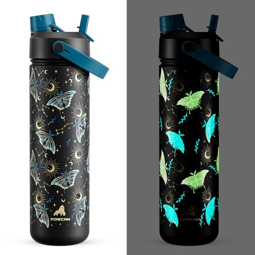POWCAN 26 oz Insulated Water Bottle: Straw and Spout Lid, Glow-in-the-Dark | Leak-proof, Keep Cold 24H, Cupholder Friendly, BPA-Free, Stainless Steel Water Bottle for Gift, Hiking, Trip (Gilded Flutter) - color: Gilded Flutter (Luminous), size: 26 Ounces