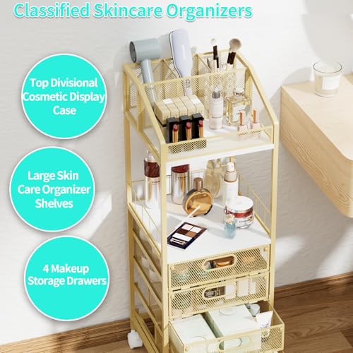 HapiRm Makeup Organizer Storage Cart - Floor Skincare Make Up Storage with 4 Drawers, Rolling Makeup Cart Vanity Organizer Cosmetics Display Cases Holder for Skin Care Perfume Nail Polish, Gold - color: Gold