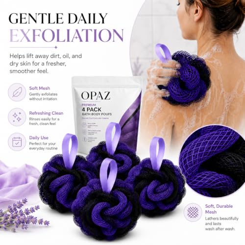 OPAZ Shower Loofah Sponge 4 Pack, Exfoliating Bath Sponges for Women & Men, Soft Body Scrubber Pouf for Rich Lather, Deep Cleansing Shower Puff with Hanging Loop, Purple Loofahs for Body Wash