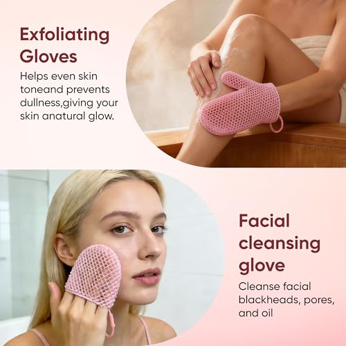 2 Pcs Honeycomb Exfoliating Mitten Set Bath Mitt Honeycomb Face and Body Scrubber Shower Glove for Cleaning Body Shower Face Skin Beauty Spa Quick Drying Pink
