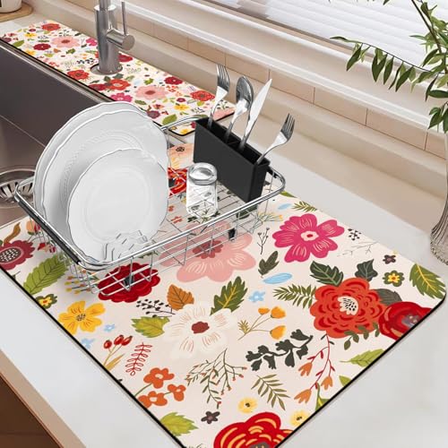 24.5" x 15.5" Dish Drying Mat & 24" x 5.5" Sink Splash Guard, Super Absorbent Drainer Rack Mat for Kitchen Counter Coffee Bar - color: Pink, size: 23.5"*15.5*+24"*5.5"