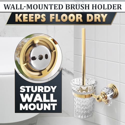 Gold Stainless Steel Toilet Brush with Crystal Toilet Brush Holder Set – Wall Mounted Holder, Replaceable Head, Decorative Space-Saving Design Bathroom Toilet Accessory Elegant Toilet Bowl Cleaner Set - color: Gold Glass