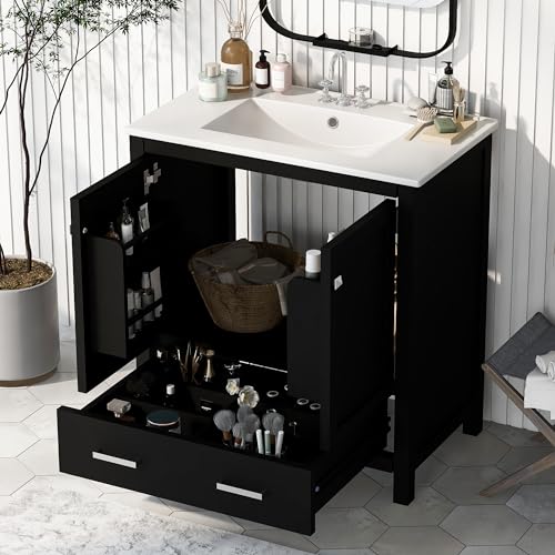 Linique 30" Modern Bathroom Vanity with Sink Combo Set, Solid Wood Frame Bathroom Storage Cabinet with 2 Soft Closing Doors and a Drawer, Multifunctional Storage, Black - color: Black