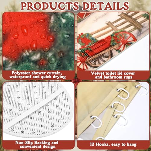 FuWeave 8 Pcs Christmas Shower Curtain Set Xmas Santa Bathroom Decoration Christmas Tree Hand Towels Snowman Toilet Lid Cover Bathroom Rugs Xmas Shower Curtain with Hooks(Farmhouse Style) - color: Farmhouse