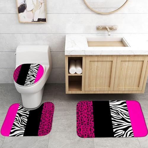 4PCS Leopard Print Shower Curtain Set with Rug, Toilet Lid Cover and Bath Mat, Pink Black Splice Shower Curtain with 12 Hooks, Shower Curtain for Bathroom Decor Set - color: Pink