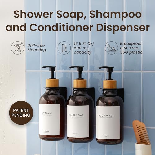 Shampoo and Conditioner Dispenser Wall Mounted Set of 3 Amber Bamboo - No Drill Shower Soap Dispenser for Bathroom Refillable - Spa Hotel Style Accessories by MaisoNovo | 500 ml Shower Gel Dispenser Set of 3. Refillable Shampoo and Conditioner Bottles. Dr