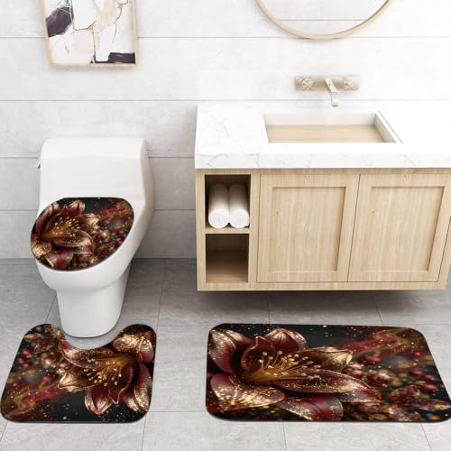 LQCOOL 4Pcs Black Red Lily Flower Shower Curtain Set, Waterproof Bathroom Sets, Abstract Burgundy Gold Bathroom Sets with Shower Curtain and Rugs, Shower Curtain with 12 Hooks - color: Black Red