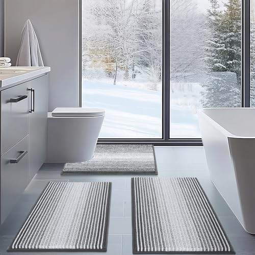 BSICPRO Bathroom Rugs Sets 3 Piece, Toilet Rugs U-Shaped Contour Bath Mat Set, Striped Absorbent Non Slip Chenille Shower Mat, Gray - color: Grey, size: 20"x32"+16"x24"+U Shape 20"x24"