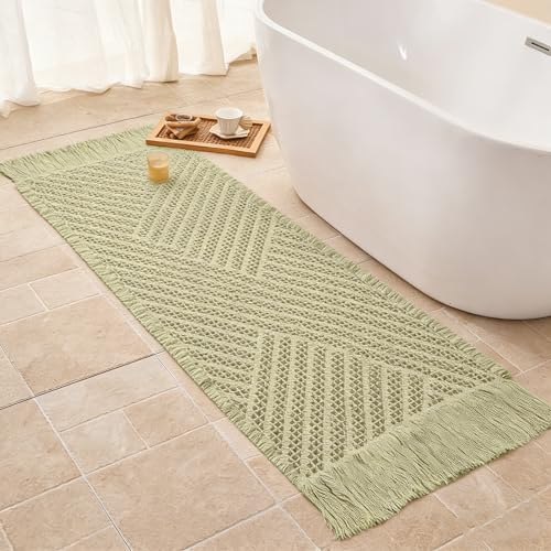 Waffle Bath Mat Non Slip, Boho Runner Rug, Super Absorbent Quick Dry Long Bath Runner Bathroom, Soft Farmhouse Bath Rug with Tassels, Washable Shower Mats for Floor 24"x48", Tassels Sage Green - color: Tassels Sage Green, size: 2' x 4' (Rectangular)