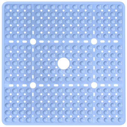Large Square Shower Mat 27 x 27 Inch Light Blue, Non Slip Shower Bathtub Mats for Inside Shower with Big Suction Cups Drain Holes, Anti Slip Bathroom Floor Stall Mats, Easy Clean, BPA-Free - color: Light Blue