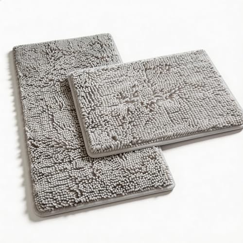 Bathroom Rugs Sets 2 Piece Plush Chenille Bath Rugs Non-Slip Bath Mats Absorbent Shaggy Rugs,Bathtub Mat, Gray Pet Dog Mats,Washable Bathroom Carpet for Tub, Shower, Washroom- 32x20 + 24x16 Inch - color: Ash Gray, size: 32"L x 20"W + 24"L x 16"W