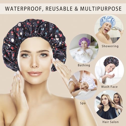 Shower Caps for Women, 4 PCS Elastic and Reusable Bath Caps, Double Layers Shower Cap Reusable Waterproof, Bathing Shower Caps, Environmental Bath Hair Protection Cap - Polka Dots - color: Polka Dots