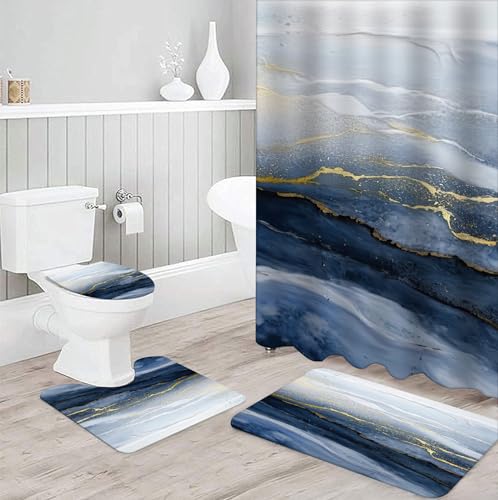Teal Blue Marble Shower Curtain with Bath Rugs Sets, 4 Pcs Marble Patterns with Gold Lines Bathroom Décor with Toilet Seat Cover, Mats, Absorbent Pedestal Pads and Waterproof Shower Curtains + Hooks - color: Teal