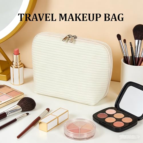 Travel Makeup Bag for Women, Waterproof Stand Up Cosmetic Bag with Brush Holders, Organizer Bag with Compartments, Fold-Down Design for Skincare, Toiletries & Essentials(White, Medium) - color: White, size: Medium