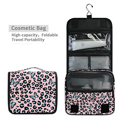 senya Hanging Travel Toiletry Bag Kit Makeup Case Cosmetics Organizer for Men Women - color: Blue Butterfly Leopard Print