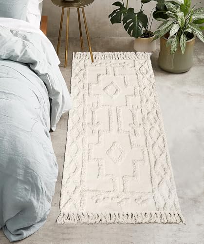 Uphome Boho Bathroom Runner Rug 2' x 4.3', Washable Woven Cotton Bedroom Rug Runners, Beige Aesthetic Tufted Entryway Runner Rugs, Bohemian Tribal Throw Rugs for Bedside Living Room Laundry Kitchen - color: Beige, size: 2' x 4.3' (Runner)