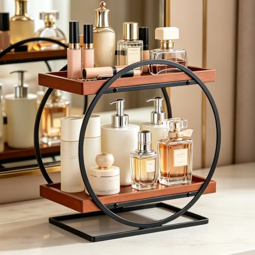 2-Tier Bathroom Counter Organizer, Wooden Perfume Organizer for Dresser, Bamboo Countertop Trays for Skincare Makeup Vanity Shelf, Organizers and Storage for Bathroom Kitchen, Black & Brown - color: Black and Wood