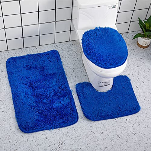 Ultra Soft 3 Piece Bathroom Rug Set - Non Slip Bath Mat, Absorbent Chenille Plush Mat for Tub, Shower, Toilet Floor - Solid Color (Blue) - color: Blue