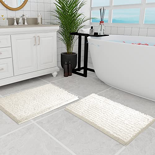 Walensee Bathroom Rug 2 Pieces Set Non Slip Bath Mat (20"x32" Plus 20"x32" Ivory) Water Absorbent Super Soft Shaggy Chenille Machine Washable Dry Extra Thick Perfect Carpet for Shower Floor - color: Ivory, size: 20"x32" plus 20"x32"