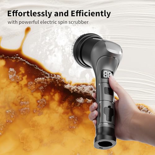 Electric Spin Scrubber, Cordless Power Dish Scrubber Brush, Type-C Fast Charging with LED Power Display, 3 Speeds, 6 Replaceable Heads for Cleaning Kitchen Stove/Bowl/Sink/Corner/Tile/Grout (Grey) - color: Gray