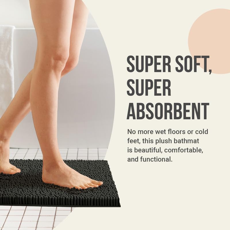 ITSOFT Plush Bathroom Rug 47"" x21, Absorbent Machine Washable Non Slip Chenille Bath Mats, Quick Dry Bathmat, Bath Rugs for Bath, Shower, Bedroom, Door Mat, Charcoal Gray - color: Charcoal Gray, size: 47" x 21" (Rectangular)
